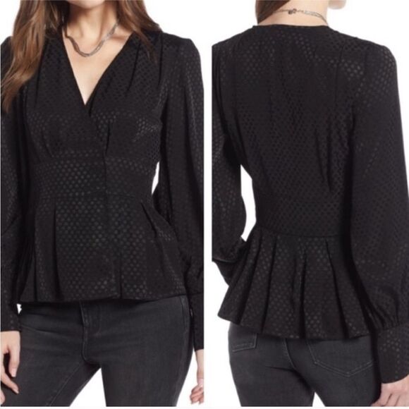 Something Navy Peplum Jacquard Polka Dot Drape Front VNeck Black Blouse Sz S NWT - Picture 2 of 7